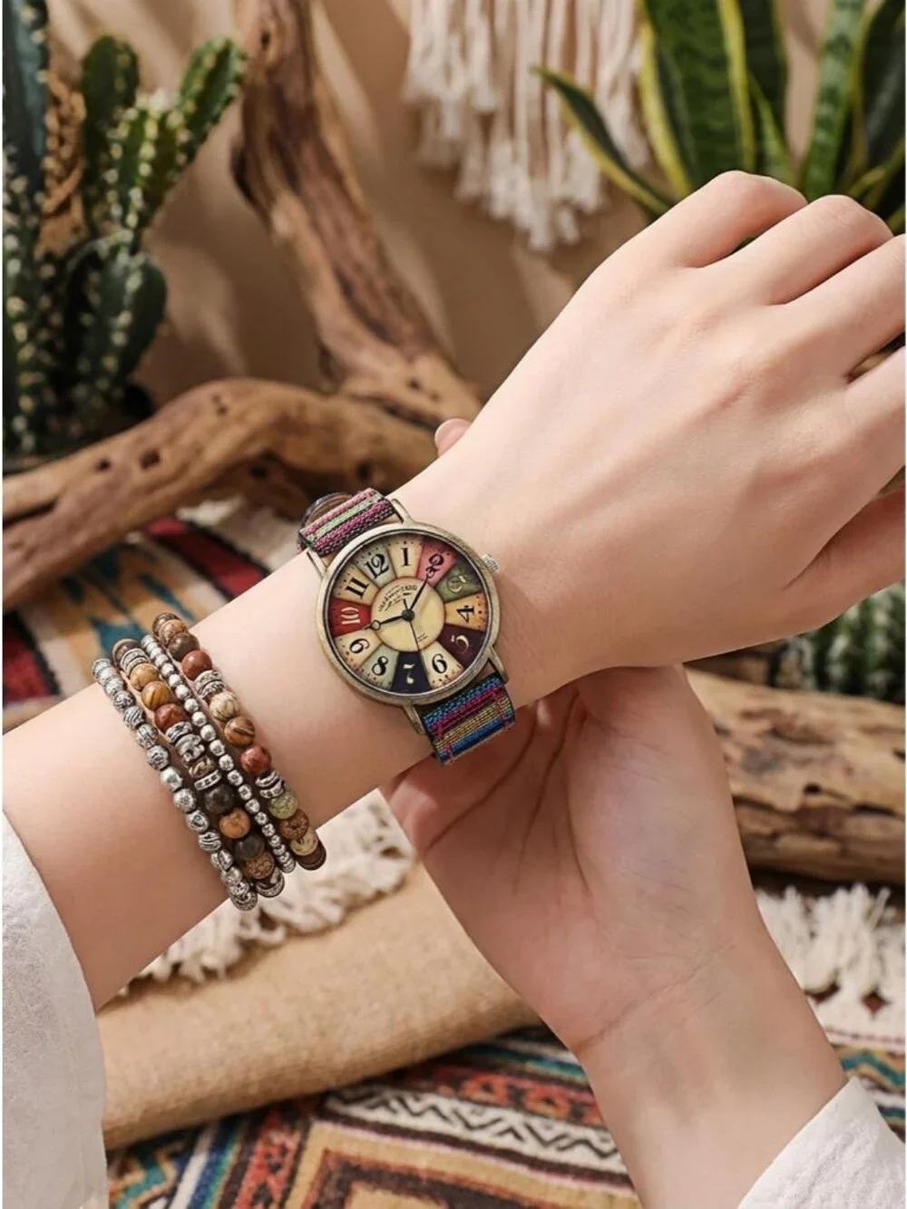 Women's Blue Creative Multicolor Woven Strap Fashion Rainbow Pattern Watches